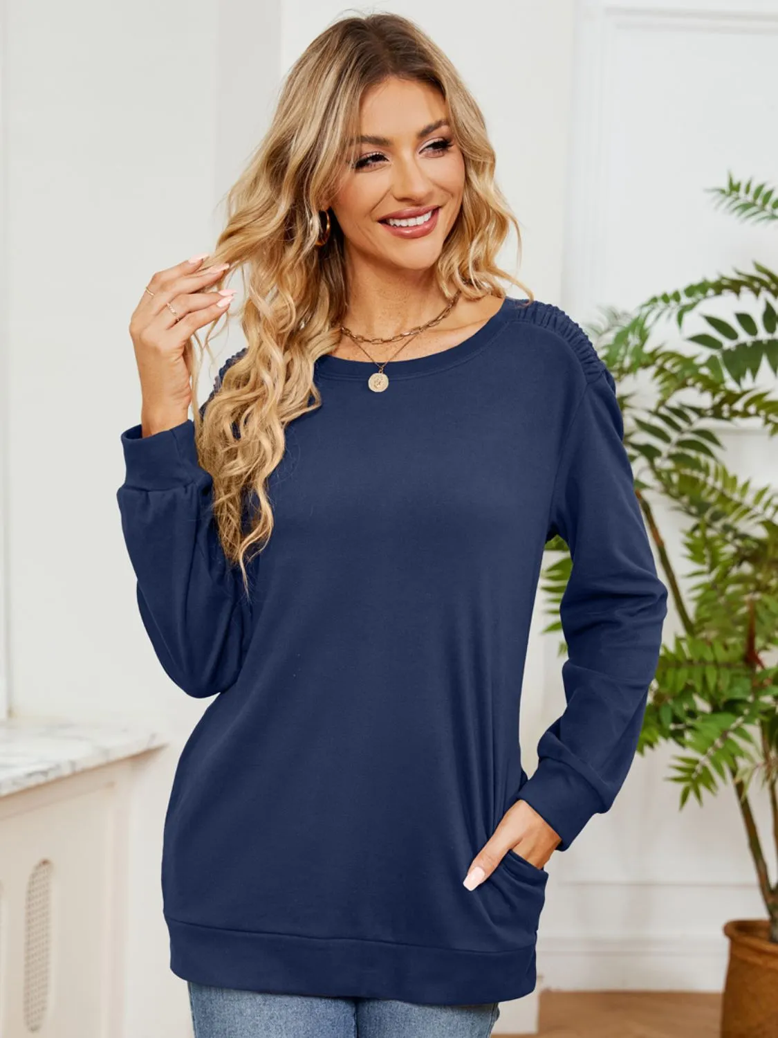 Ruched Shoulder Round Neck Long Sleeve Sweatshirt | Casual Tops | Loungewear