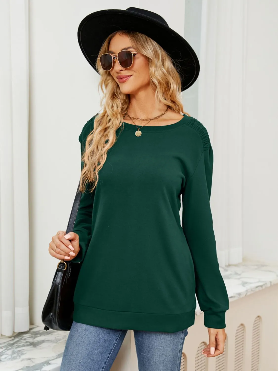 Ruched Shoulder Round Neck Long Sleeve Sweatshirt | Casual Tops | Loungewear