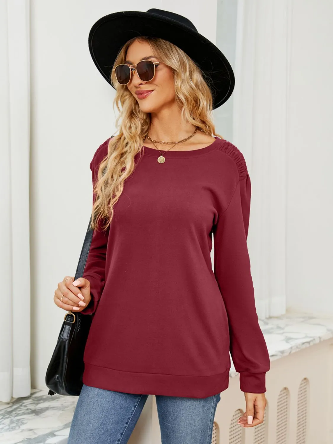 Ruched Shoulder Round Neck Long Sleeve Sweatshirt | Casual Tops | Loungewear