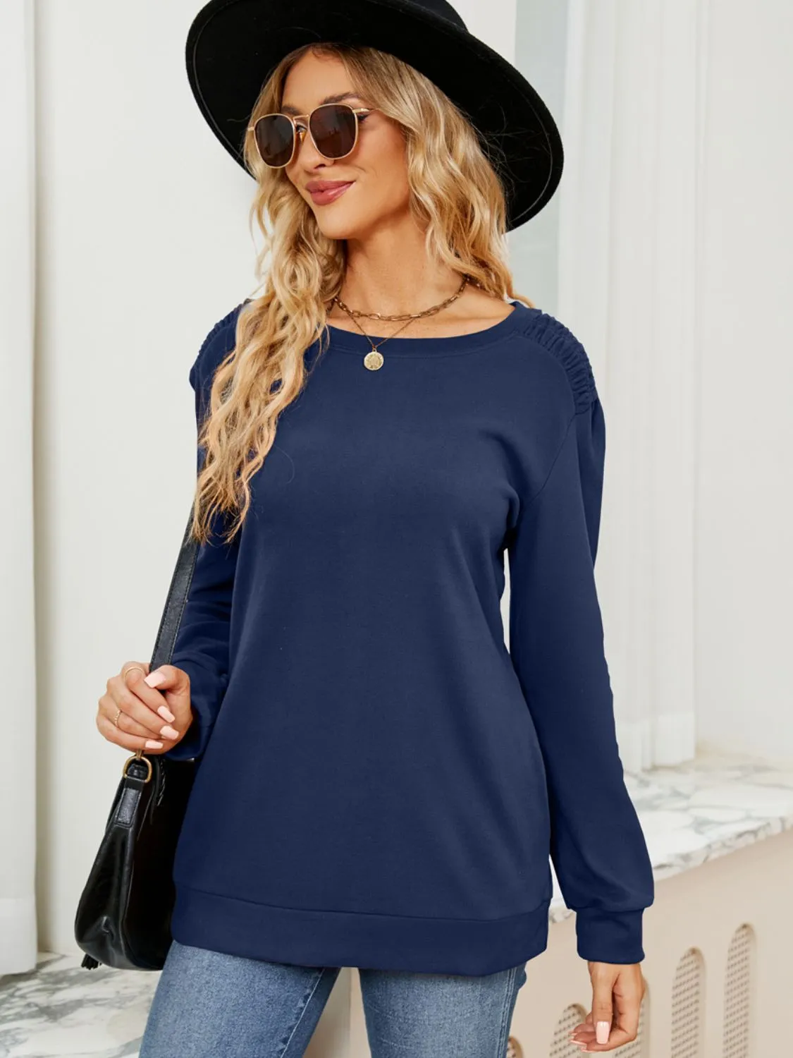 Ruched Shoulder Round Neck Long Sleeve Sweatshirt | Casual Tops | Loungewear