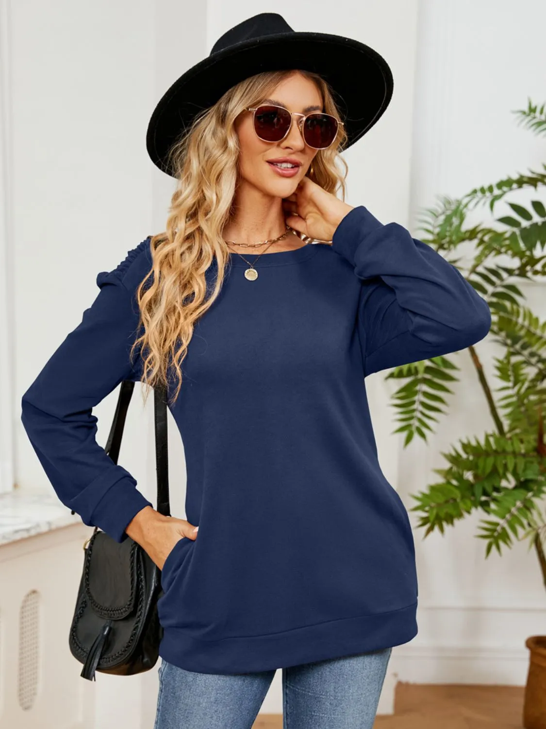 Ruched Shoulder Round Neck Long Sleeve Sweatshirt | Casual Tops | Loungewear