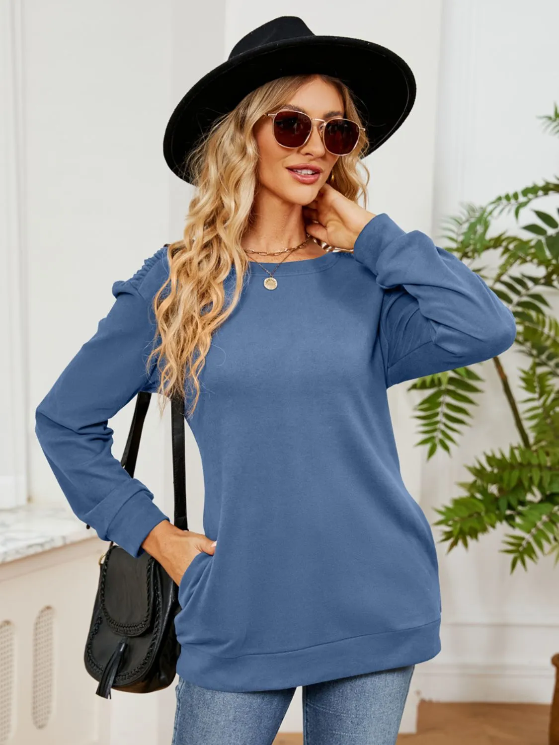 Ruched Shoulder Round Neck Long Sleeve Sweatshirt | Casual Tops | Loungewear