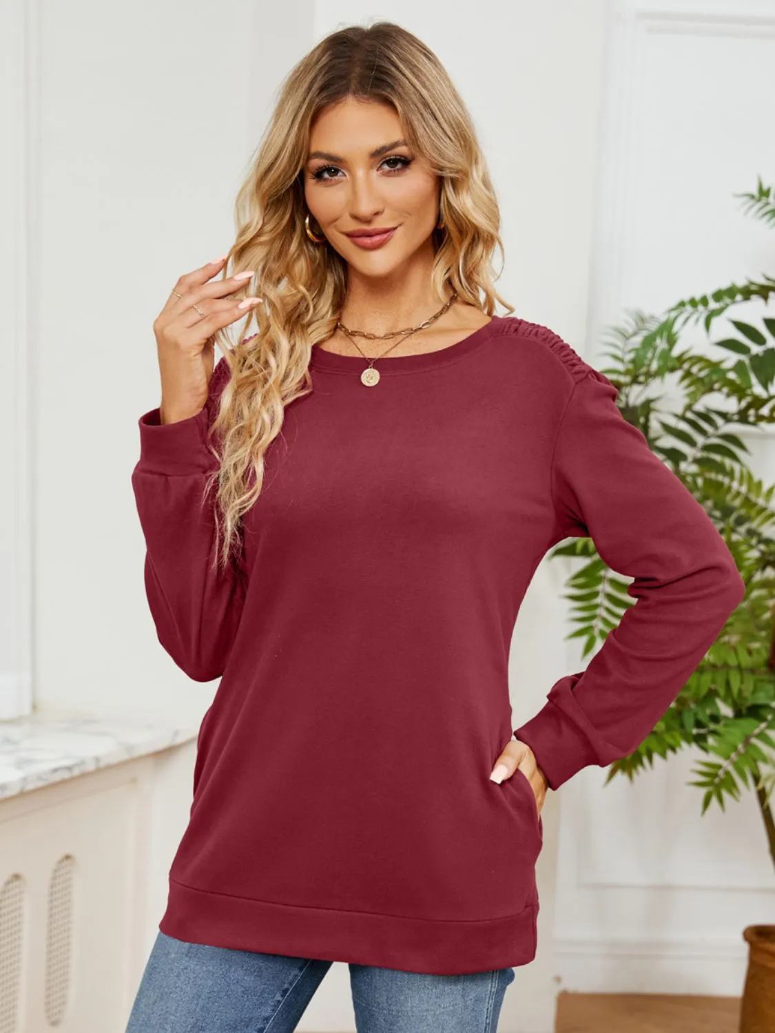 Ruched Shoulder Round Neck Long Sleeve Sweatshirt | Casual Tops | Loungewear