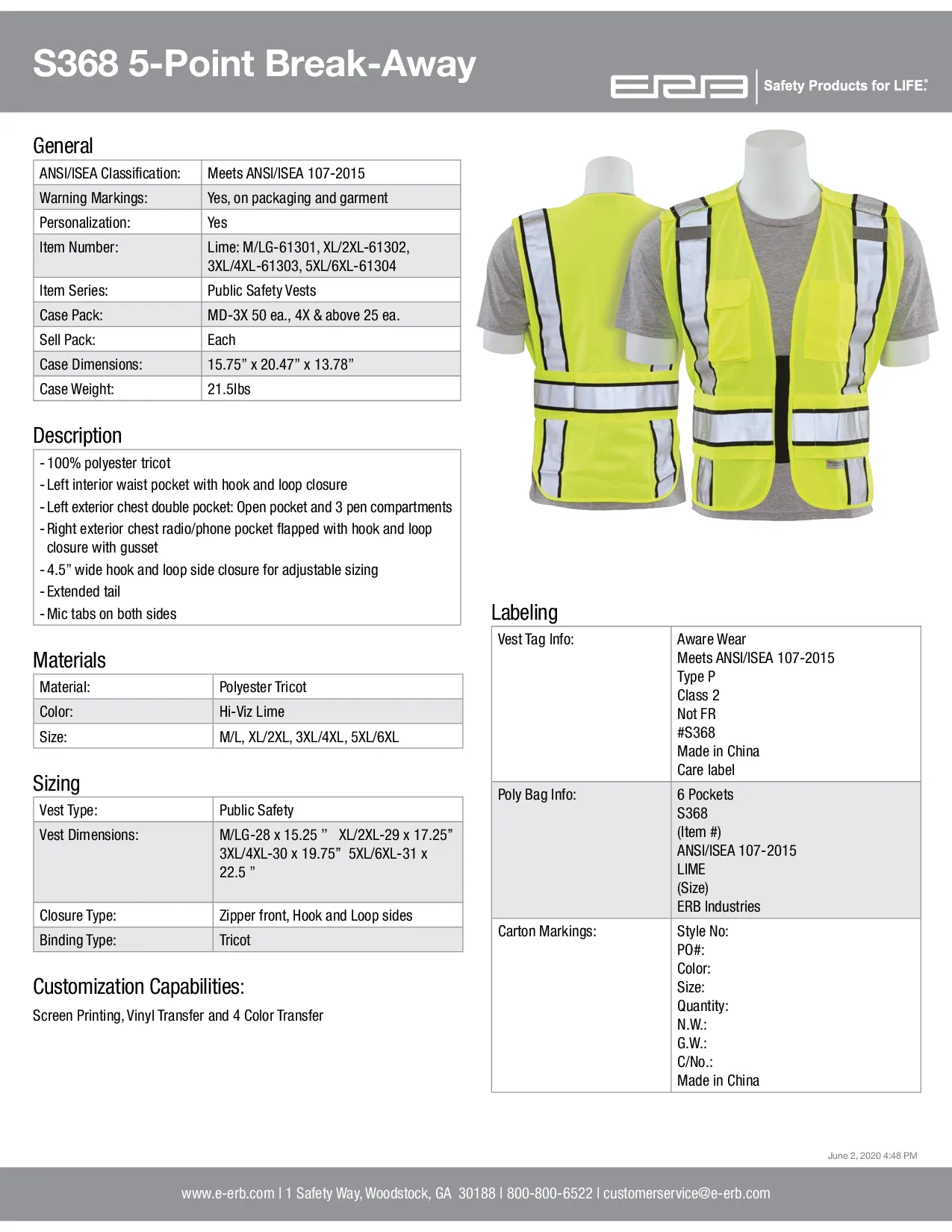 S368 Class 2 Public Safety 5-Point Break-Away Safety Vest  1PC