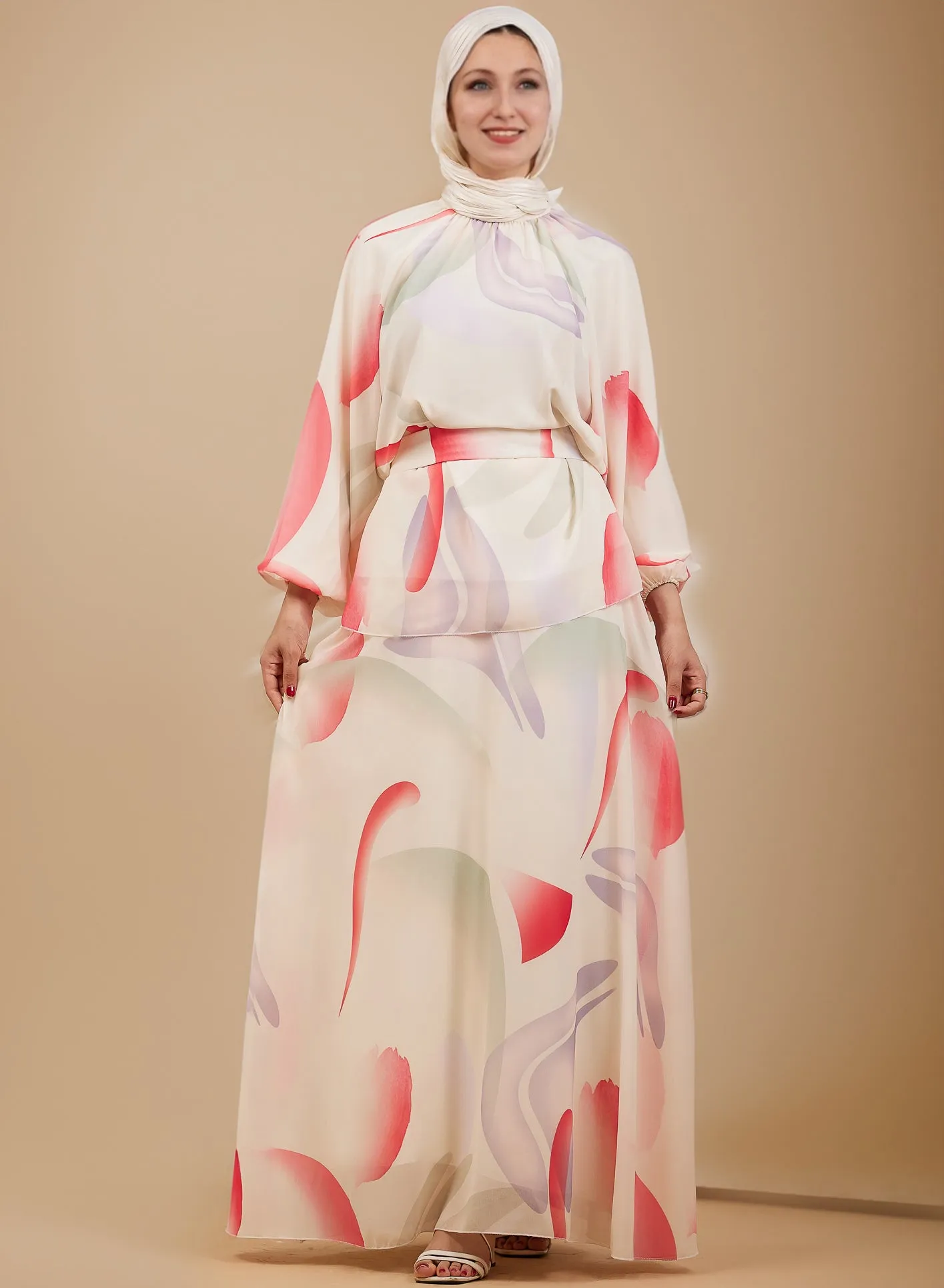 Sahar Radiant Chiffon Flared Sleeve Maxi Dress in Bold Abstract Print