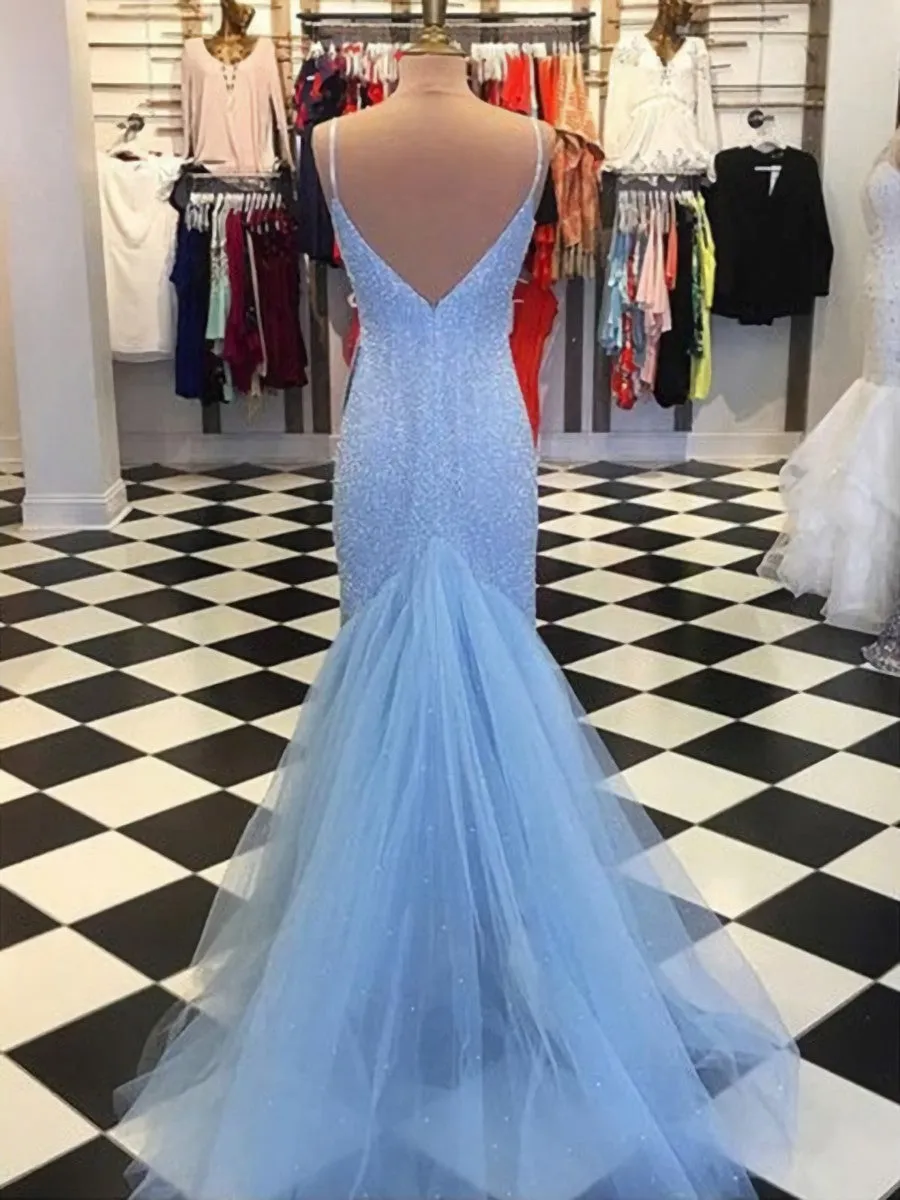 Sheath Spaghetti Straps Light Blue Sequin Prom Dresses