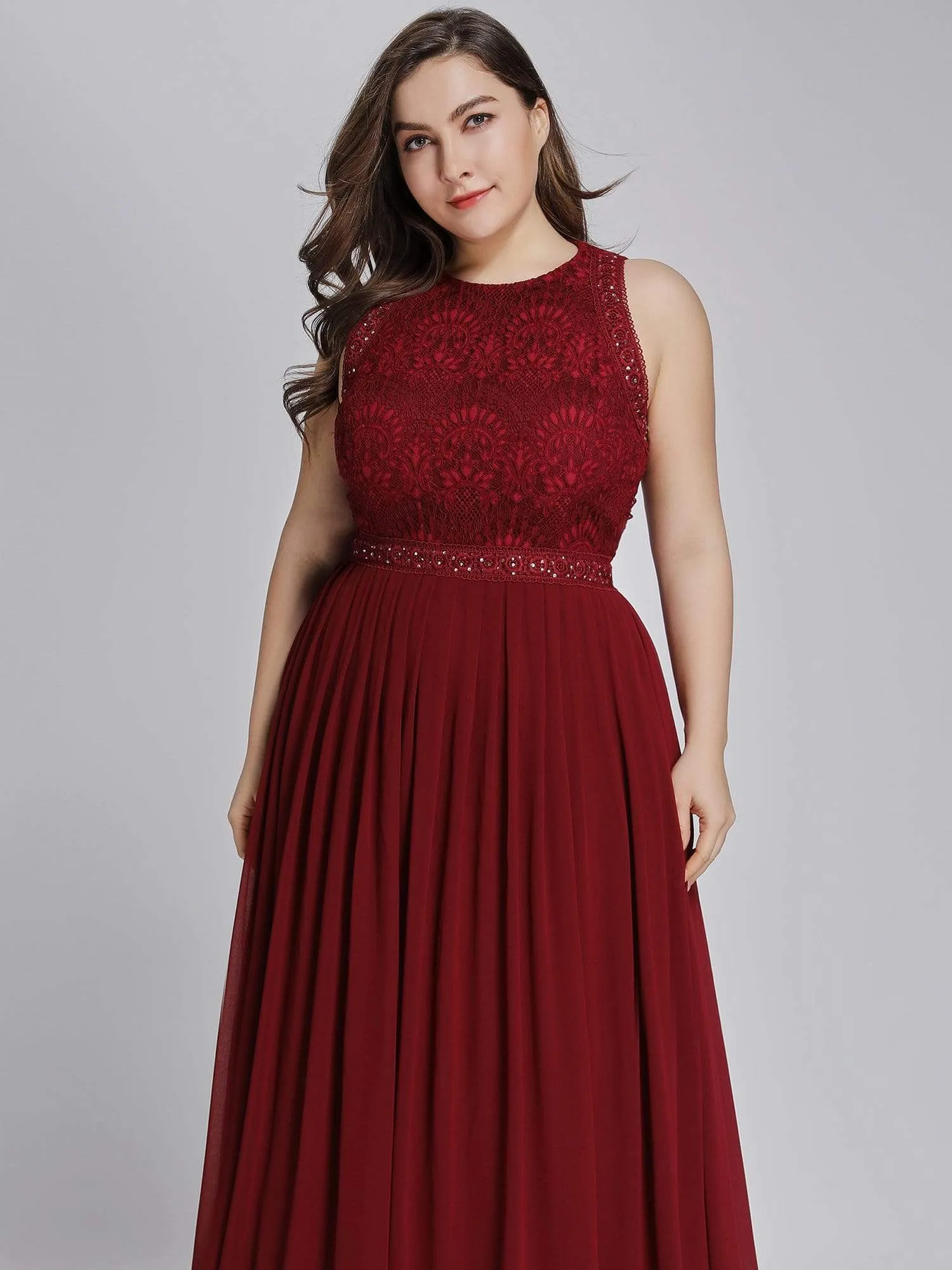 Sleeveless Lace Bodice Empire Waist Long A Line Bridesmaid Dress