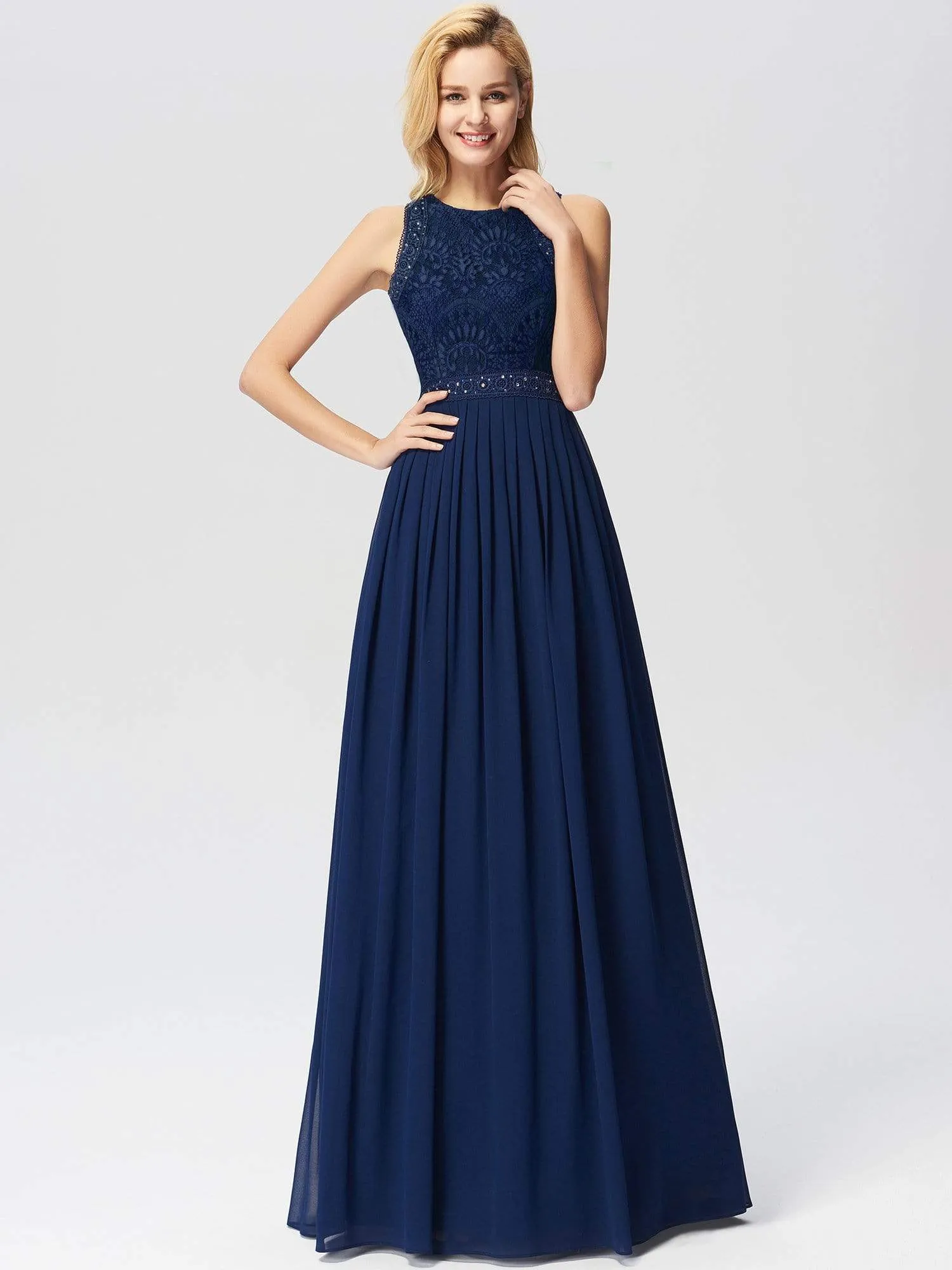 Sleeveless Lace Bodice Empire Waist Long A Line Bridesmaid Dress