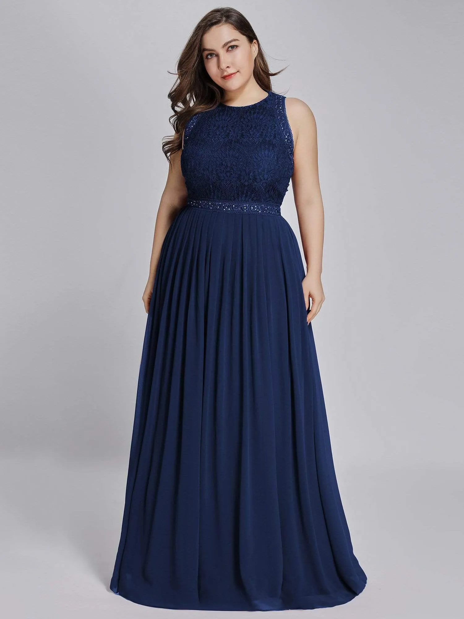 Sleeveless Lace Bodice Empire Waist Long A Line Bridesmaid Dress