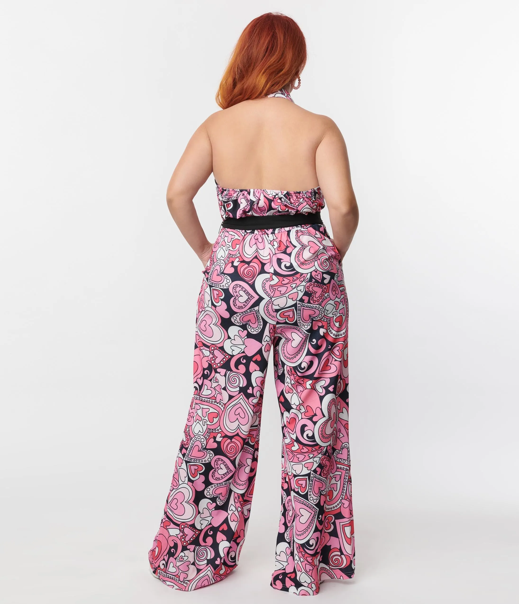 Smak Parlour Plus Size 1970s Black & Pink Psychedelic Hearts Draped Darling Jumpsuit