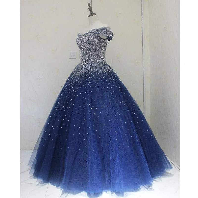 Sparkle Navy Blue Off Shoulder Ball Party Dress,Red Black Beaded Prom Dresses