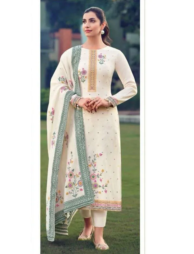 Unstitched White Pashmina Winter Woolen Suit Dress Material for Ladies