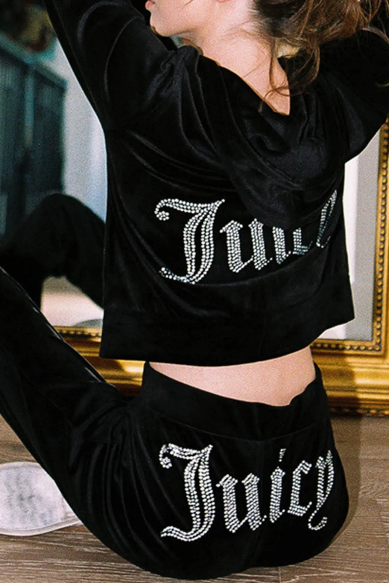 Velvet Hot Drilling Letter Graphic Hoodie Long Pants Set