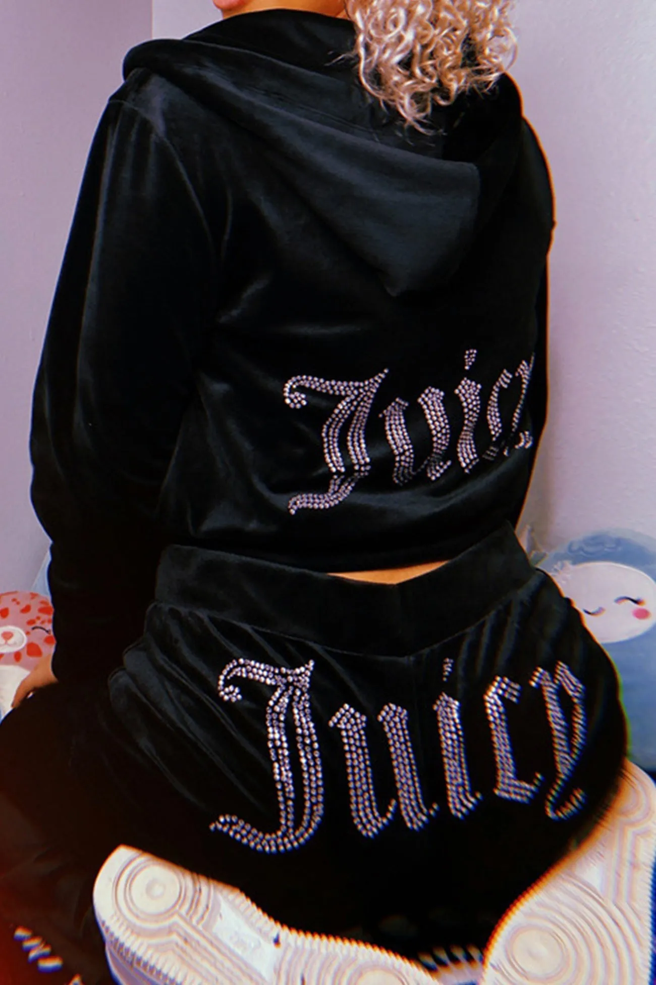 Velvet Hot Drilling Letter Graphic Hoodie Long Pants Set