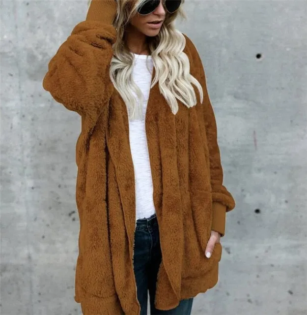 VenusFox Long Sleeve Hooded Faux Fur Teddy Bear Coat