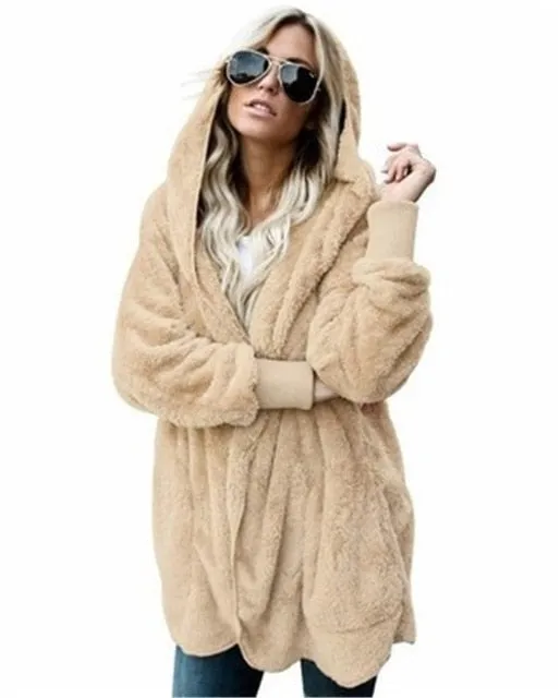 VenusFox Long Sleeve Hooded Faux Fur Teddy Bear Coat