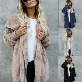 VenusFox Long Sleeve Hooded Faux Fur Teddy Bear Coat