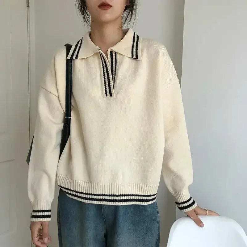 Vintage Basic Gray Women Sweater Long Sleeve Striped Loose Korean Fashion Knit Pullovers Preppy Autumn Jumper Casual