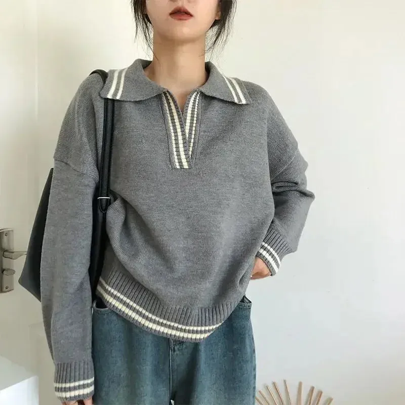 Vintage Basic Gray Women Sweater Long Sleeve Striped Loose Korean Fashion Knit Pullovers Preppy Autumn Jumper Casual