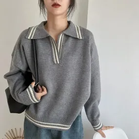 Vintage Basic Gray Women Sweater Long Sleeve Striped Loose Korean Fashion Knit Pullovers Preppy Autumn Jumper Casual