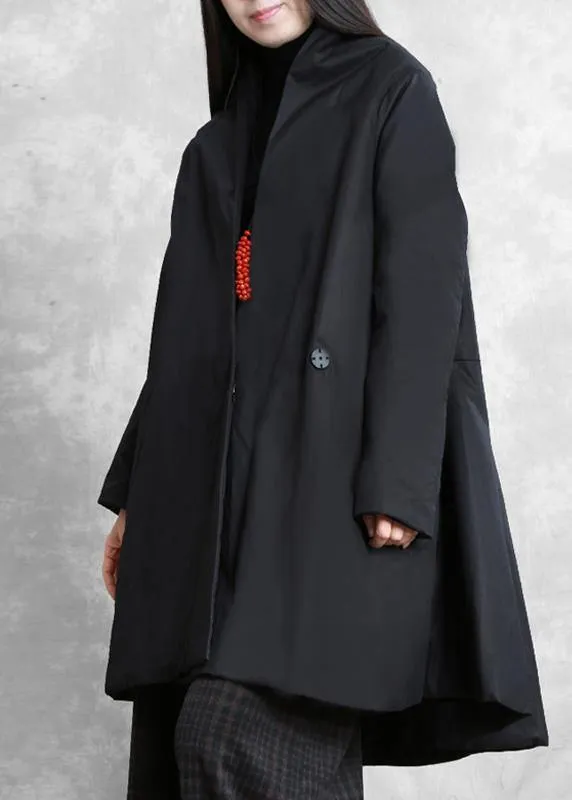 Warm oversize down jacket overcoat black v neck pockets coats