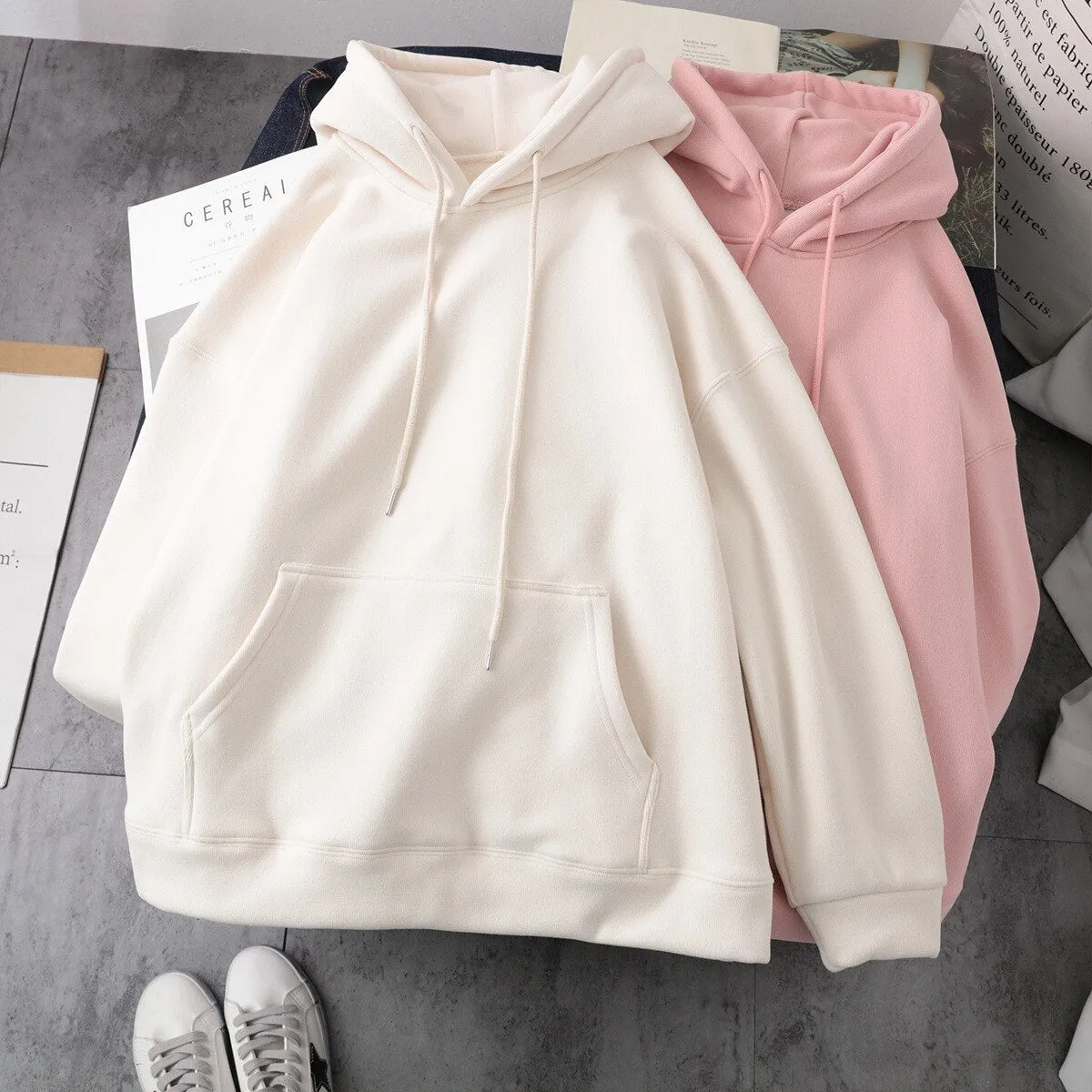 Wenkouban Women Hoodies Oversize Thick with Velvet Hooded Hoodie Casual Pullovers Solid Students Loose Casual Pink Cute Girls Streetwear