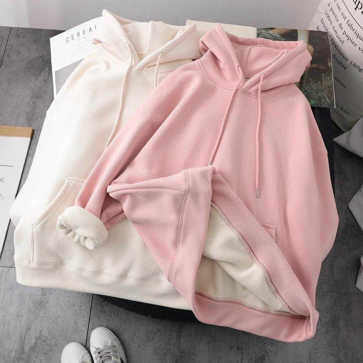 Wenkouban Women Hoodies Oversize Thick with Velvet Hooded Hoodie Casual Pullovers Solid Students Loose Casual Pink Cute Girls Streetwear