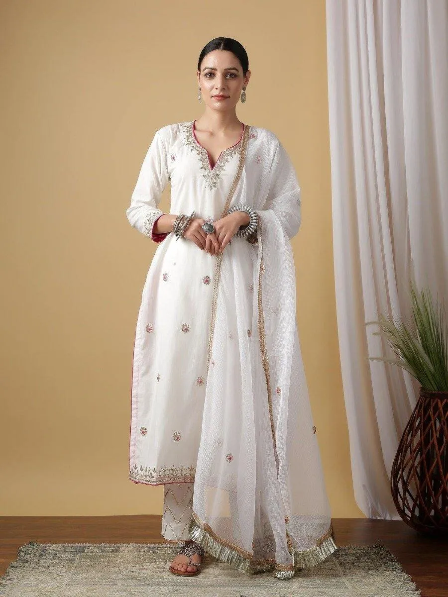 White Nandini Shwet Kurta With Pant & Dupatta (Set of 3)