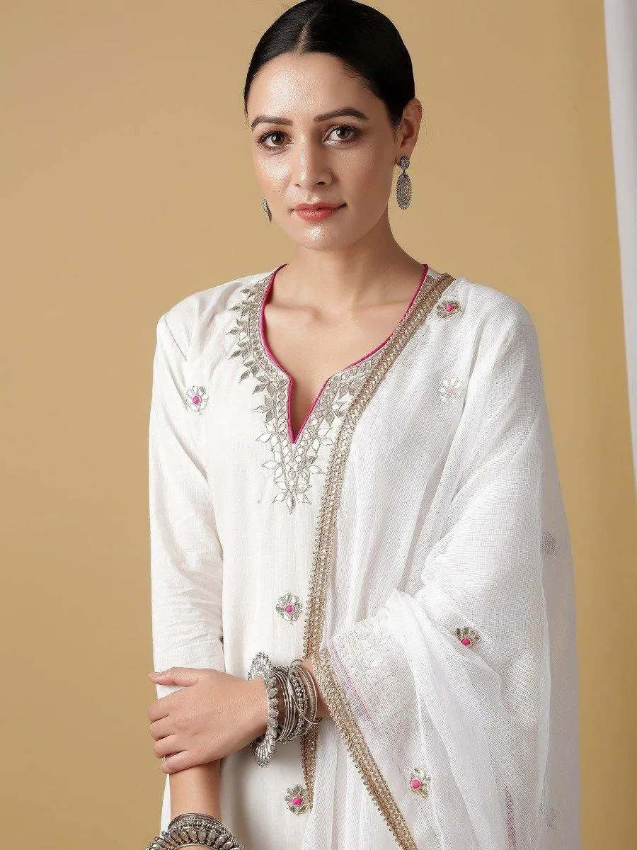 White Nandini Shwet Kurta With Pant & Dupatta (Set of 3)