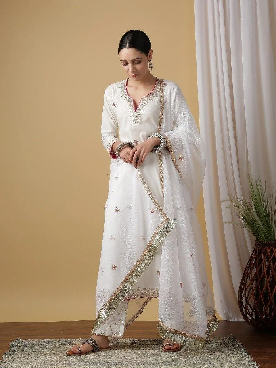 White Nandini Shwet Kurta With Pant & Dupatta (Set of 3)