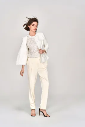 White Sheen Striaght-leg Tailored Pants with Elastic Back