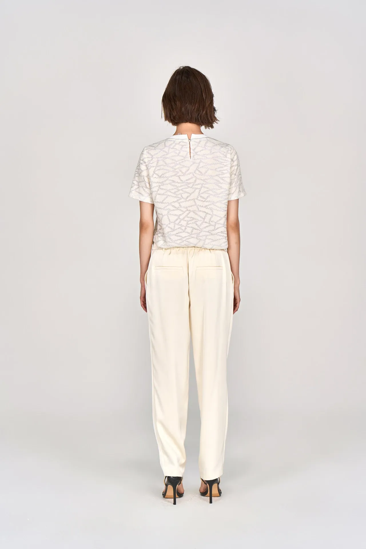 White Sheen Striaght-leg Tailored Pants with Elastic Back