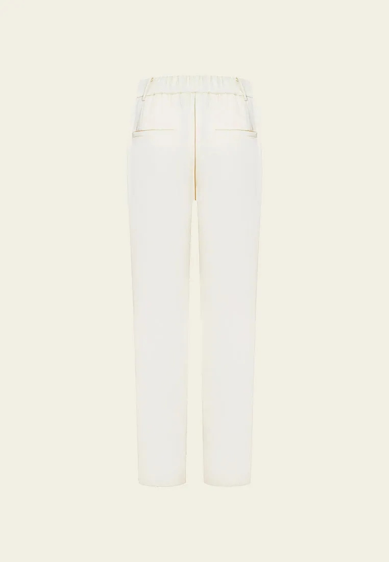 White Sheen Striaght-leg Tailored Pants with Elastic Back