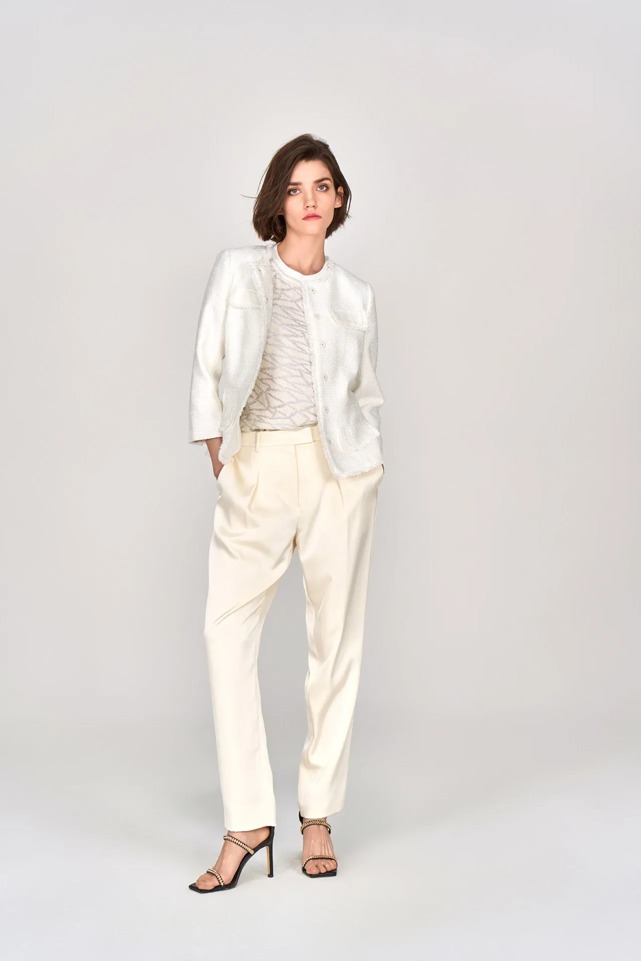 White Sheen Striaght-leg Tailored Pants with Elastic Back