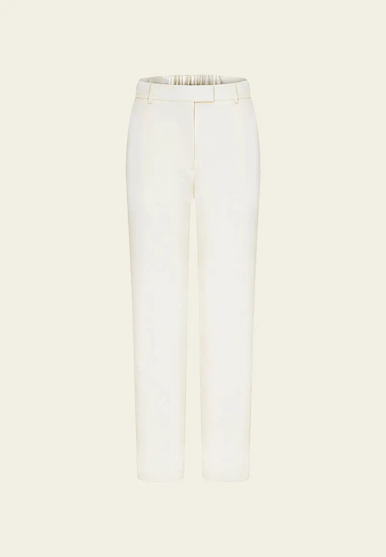 White Sheen Striaght-leg Tailored Pants with Elastic Back