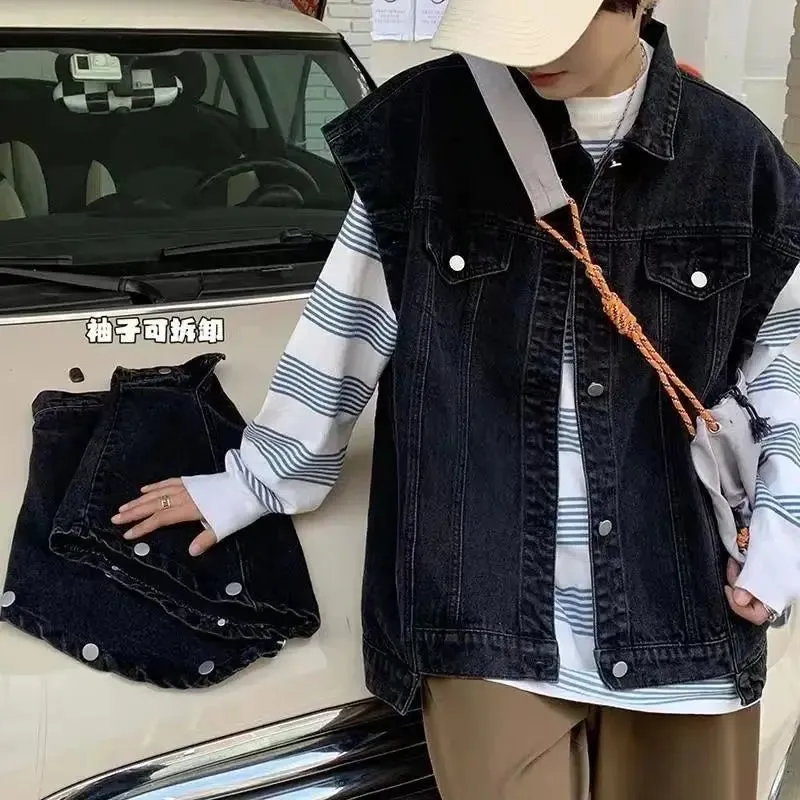 WIAOFELLAS -  Fashion Spliced Sleeves Detachable Denim Jacket Men's Oversize Loose Causal High Street Jackets Men Overcoat Male Clothes