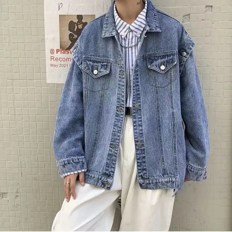 WIAOFELLAS -  Fashion Spliced Sleeves Detachable Denim Jacket Men's Oversize Loose Causal High Street Jackets Men Overcoat Male Clothes