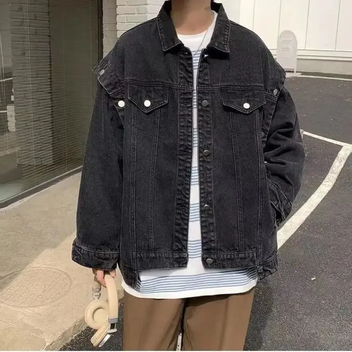 WIAOFELLAS -  Fashion Spliced Sleeves Detachable Denim Jacket Men's Oversize Loose Causal High Street Jackets Men Overcoat Male Clothes