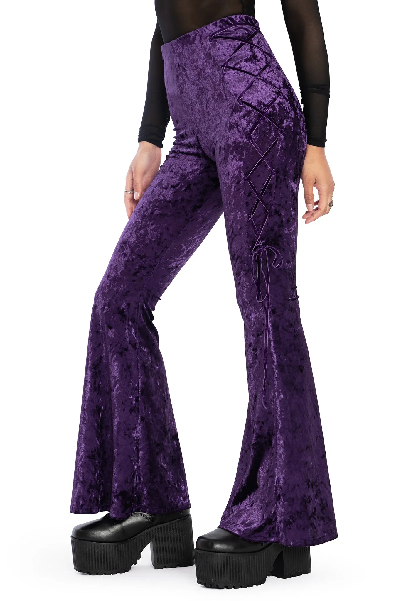 Wiccan Crushed Velvet Lace Side Flare Pants