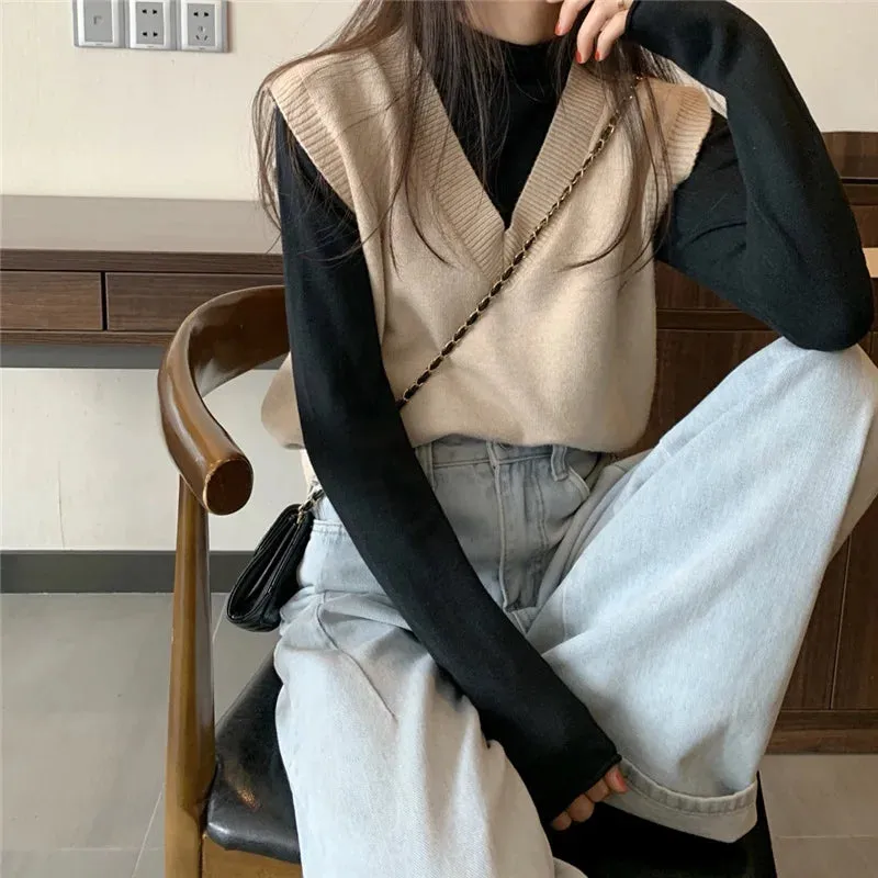 Women Knitted Sweater Vest 2022 Spring Autumn Short Loose Vintage Sweater Sleeveless Girls V-Neck Pullover Tops Female Outerwear