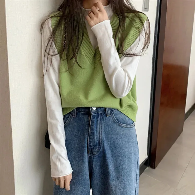 Women Knitted Sweater Vest 2022 Spring Autumn Short Loose Vintage Sweater Sleeveless Girls V-Neck Pullover Tops Female Outerwear