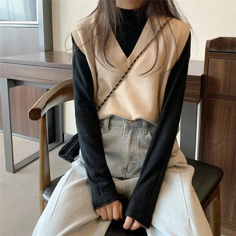 Women Knitted Sweater Vest 2022 Spring Autumn Short Loose Vintage Sweater Sleeveless Girls V-Neck Pullover Tops Female Outerwear