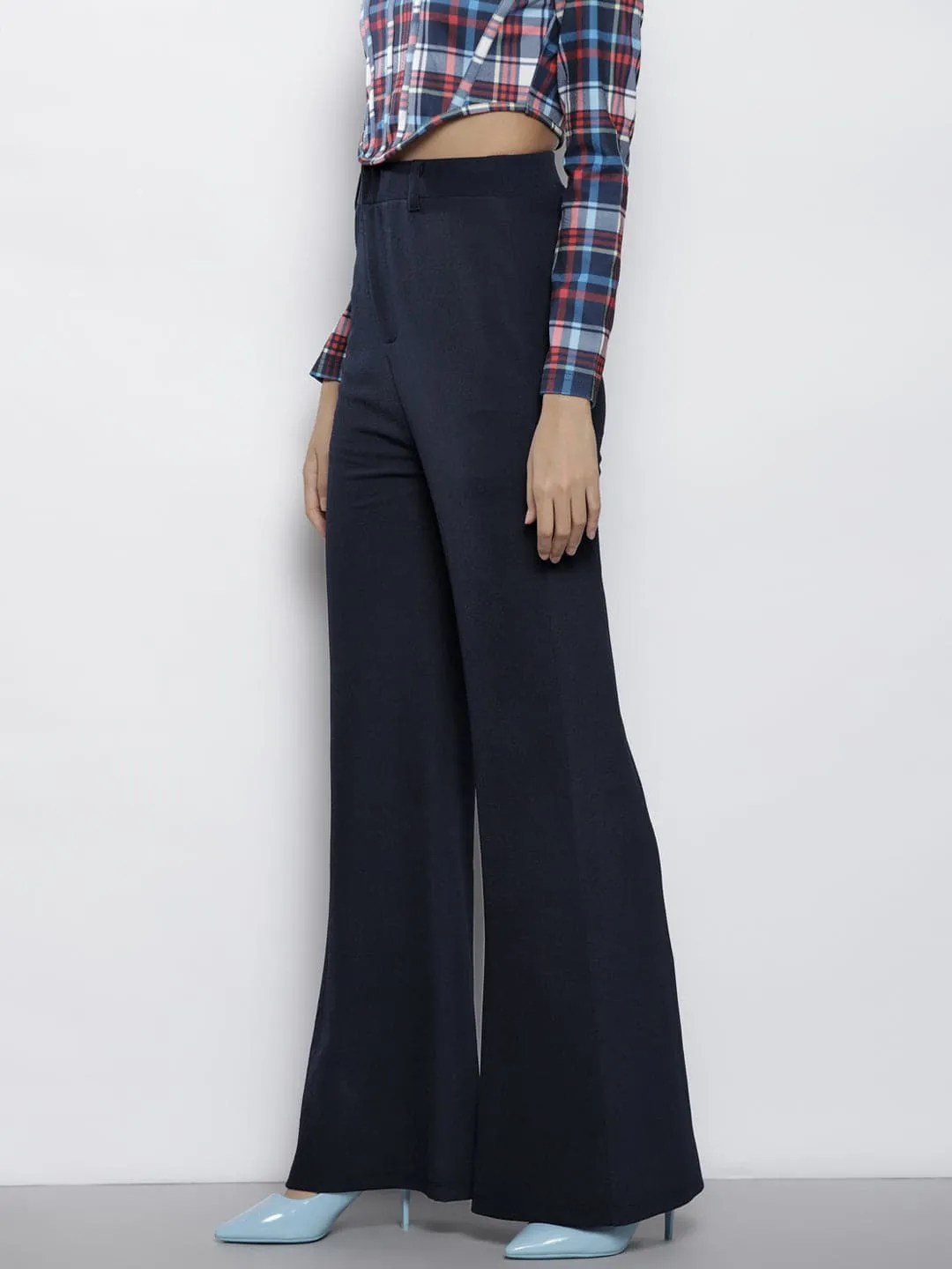 Women Navy Bell Bottom Knitted Pants