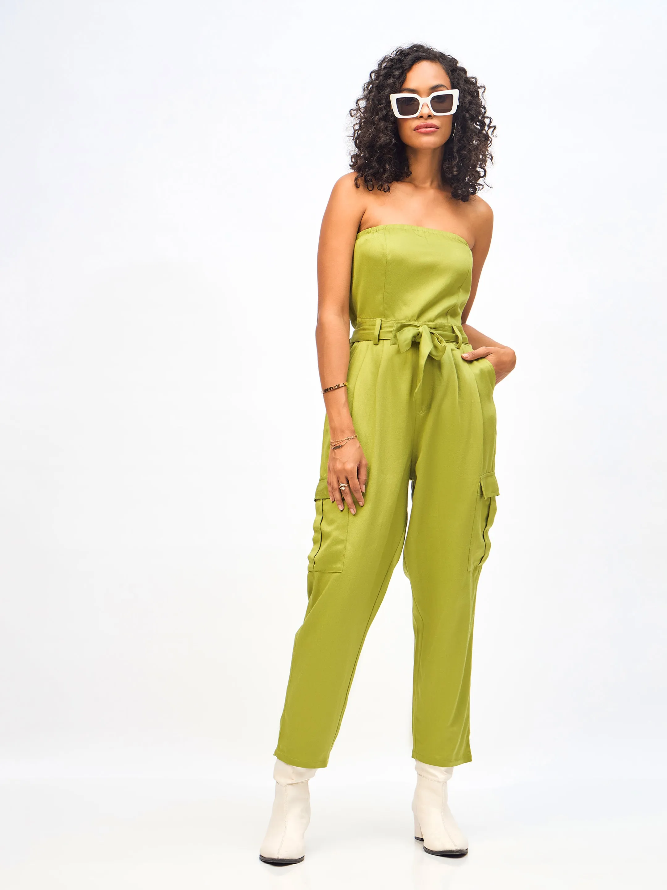 Women Olive Twill Off-Shoulder Belted Jumpsuit