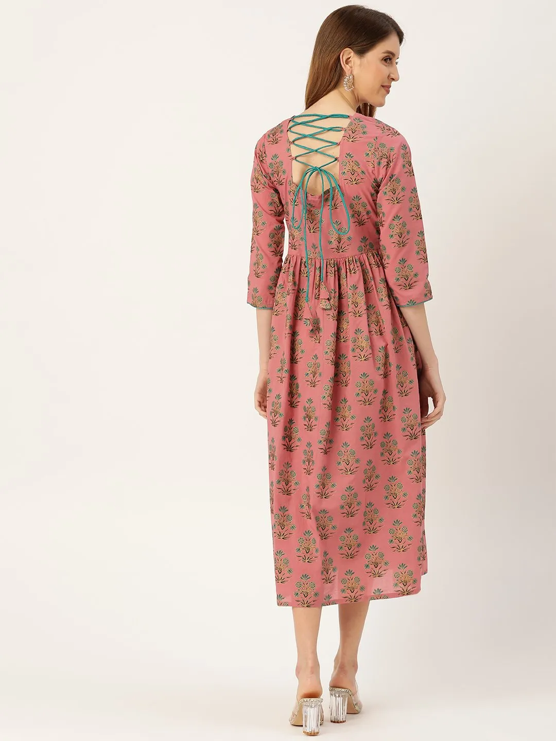 Women Pink Ethnic Motifs Printed Square Neck Cotton Maxi Dress