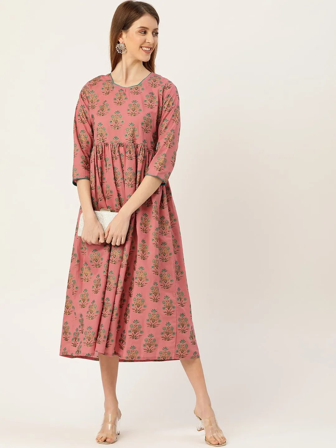 Women Pink Ethnic Motifs Printed Square Neck Cotton Maxi Dress