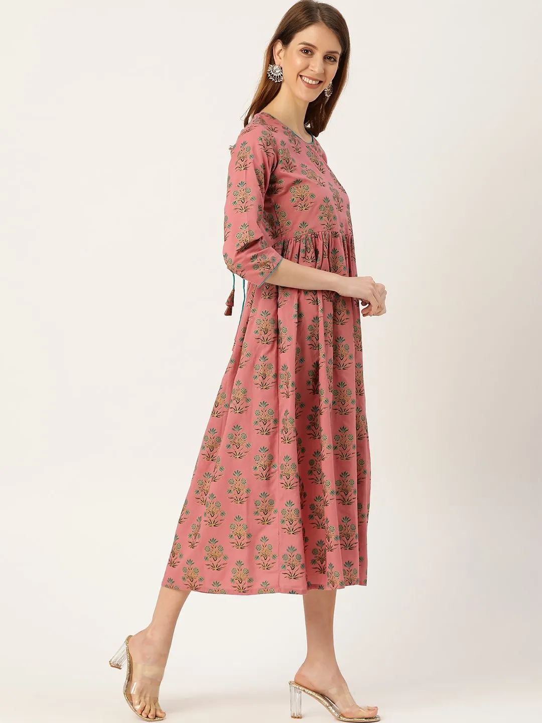 Women Pink Ethnic Motifs Printed Square Neck Cotton Maxi Dress