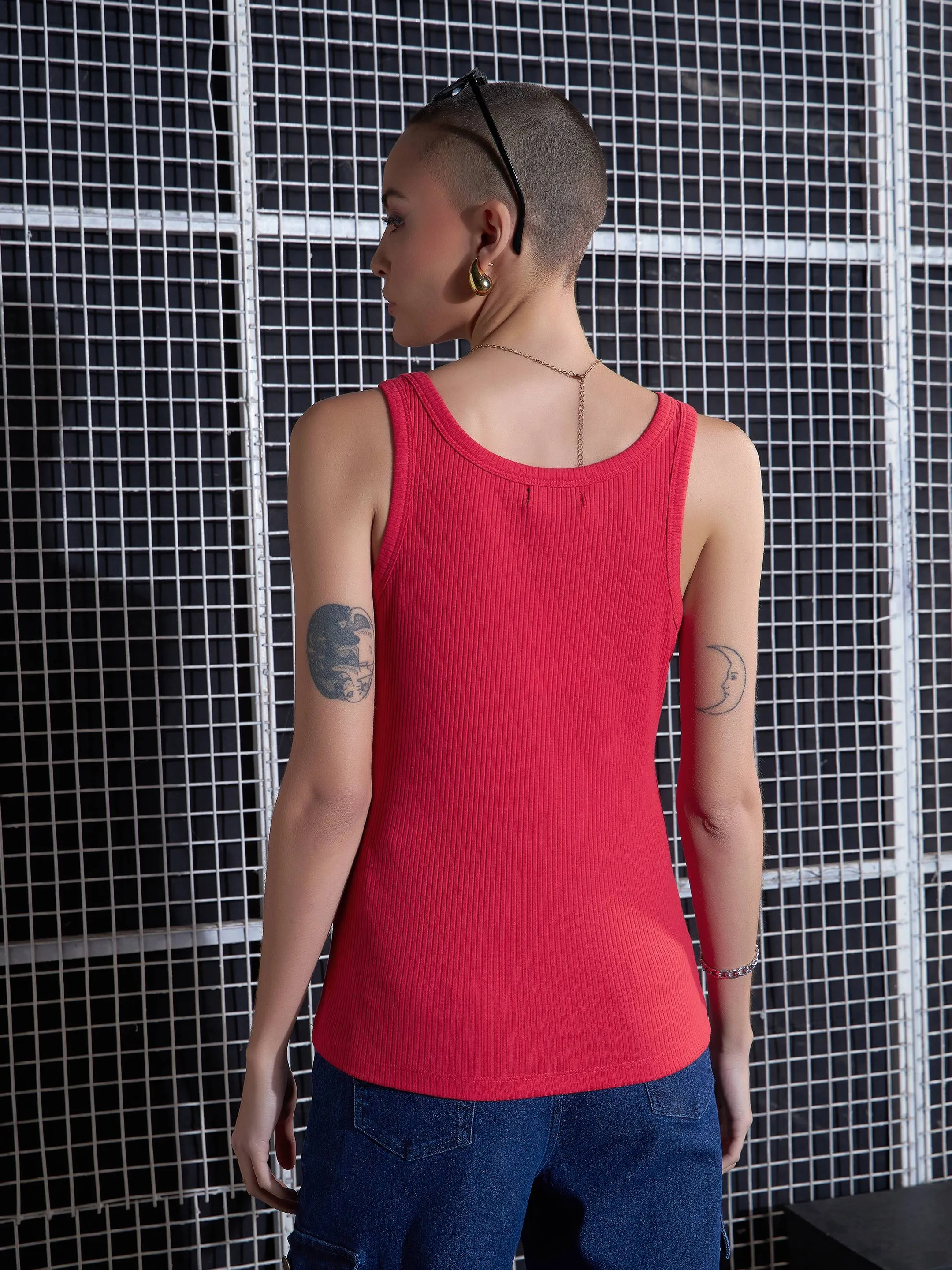 Women Red Rib Sleeveless Camisole