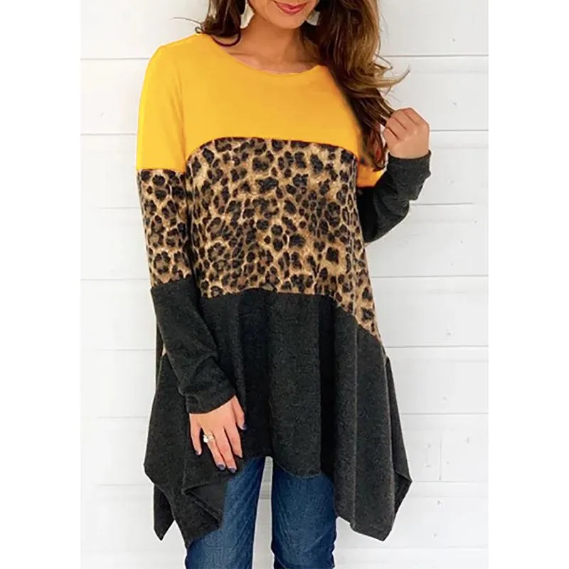 Women Round Neck Leopard Long Sleeves Sweaters