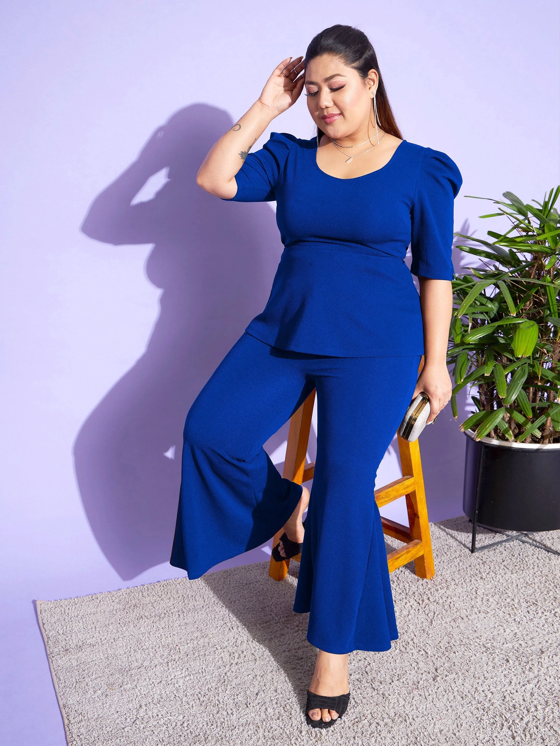 Women Royal Blue Peplum Top With Kick Pleats Pants